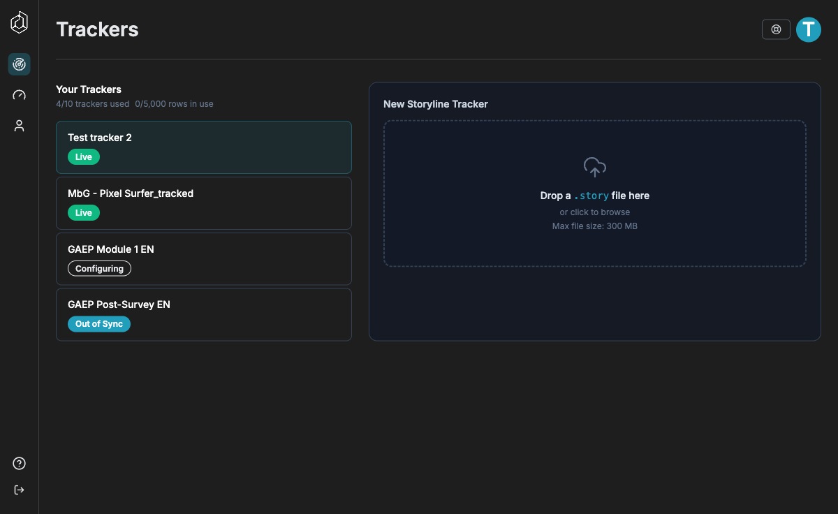 The trackers list, with the upload panel on the right