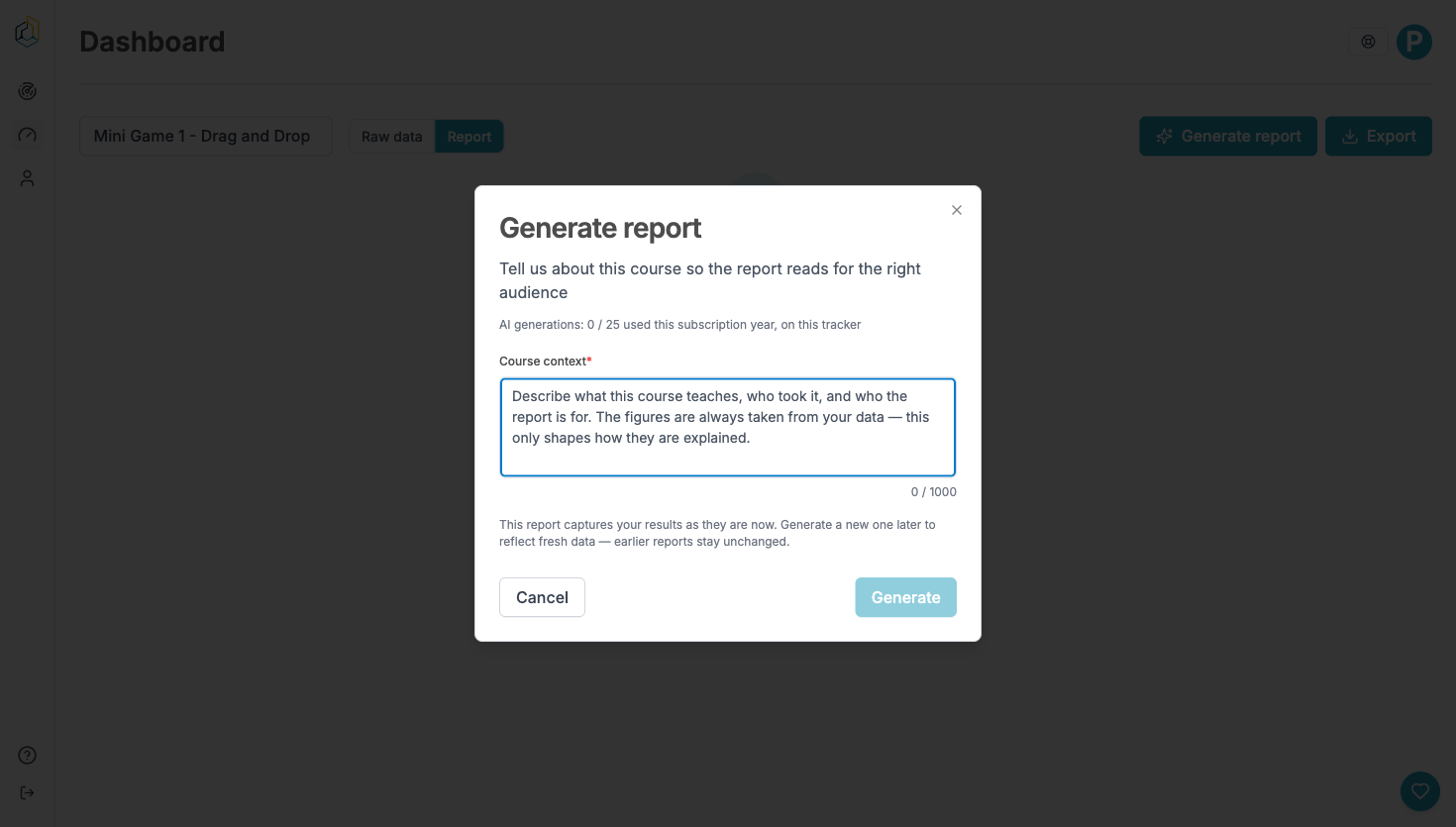 The Generate report dialog asking for course context